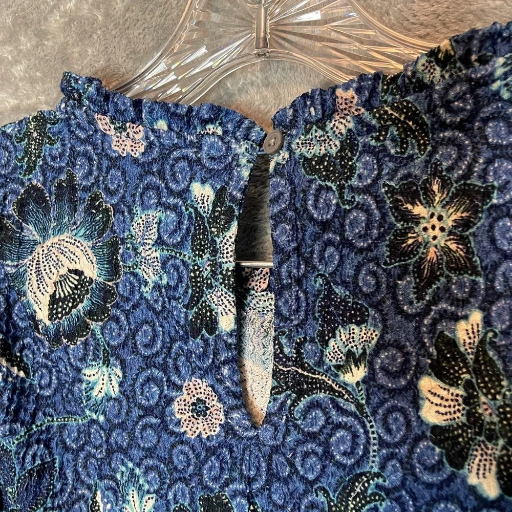LOFT Women Floral A-Line Stretchy Knit Ruffle Puff Sleeve Office Top M Blue